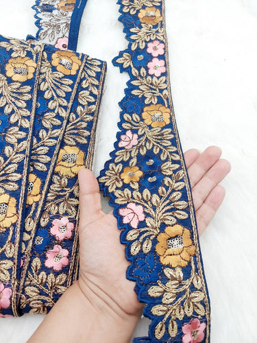 Art Silk Hand Embroidered Cutwork Lace Trim In Gold Floral Embroidery, Sari Border, Trim by Yard